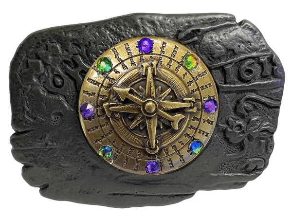 Antique Pirate Compass Engraved Rhinestone Buckle Fits 1-1/2"(38mm) Belt (Vitrail Medium - Heliotrope)