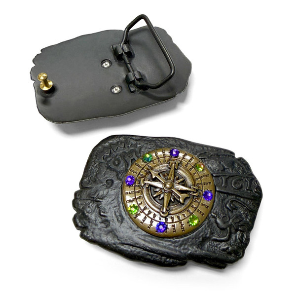 Antique Pirate Compass Engraved Rhinestone Buckle Fits 1-1/2"(38mm) Belt (Vitrail Medium - Heliotrope)