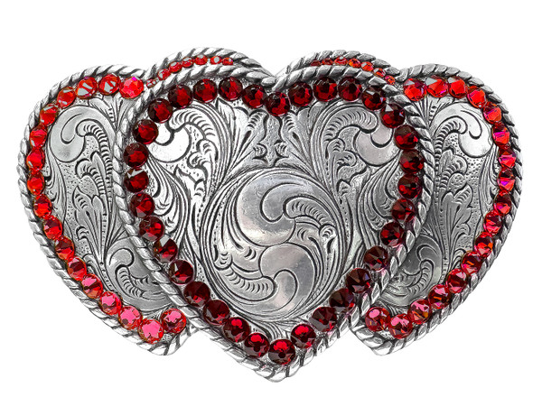 Western Antique Triple Hearts Ladies Cowgirl Rhinestone Crystal Belt Buckle (Siam-Lt Siam)