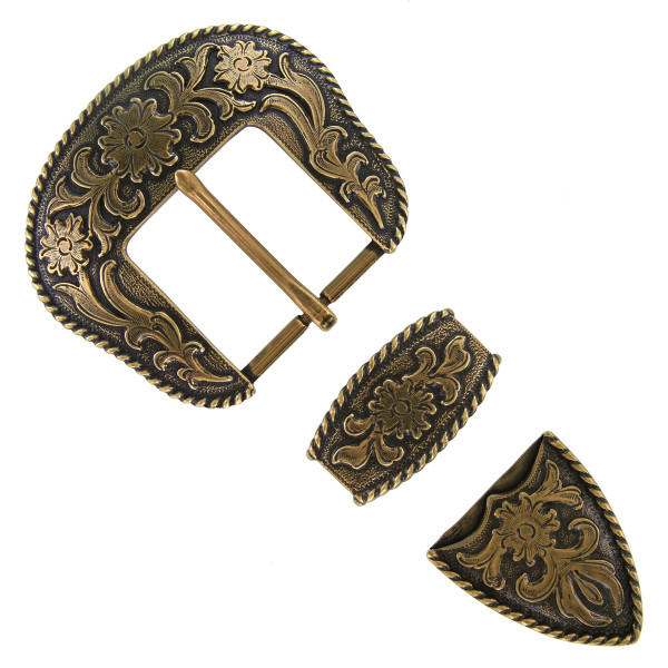 S5521 OEB Western Floral Engraved Rope Edge Hand Polished Belt Buckle Set Fits 1-1/2"(38mm) Belt (Brass)