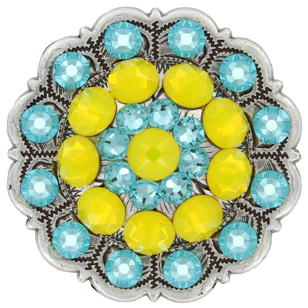 Yellow Opal Light Turquoise Rhinestone Crystal Floral Scalloped Edge Concho