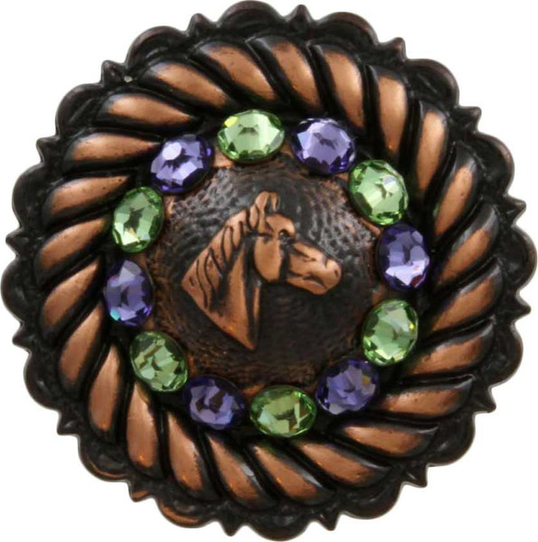 Tanzanite & Peridot Copper Horse Head Rhinestone Concho
