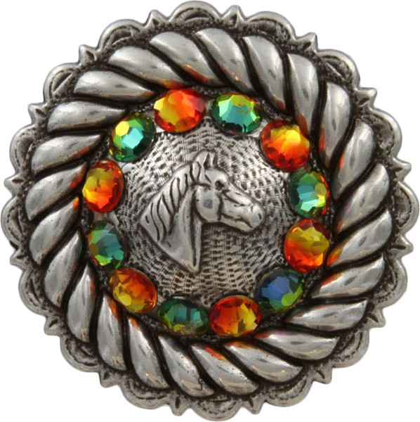 Iridis & Fire Opal Antique Silver Horse Head Rhinestone Concho