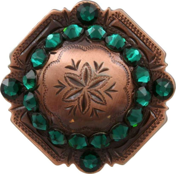 Emerald Copper Engraved Windrose Rounded Square Rhinestone Concho
