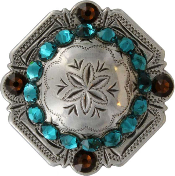 Blue Zircon & Smoked Topaz Antique Silver Engraved Windrose Rounded Square Rhinestone Concho