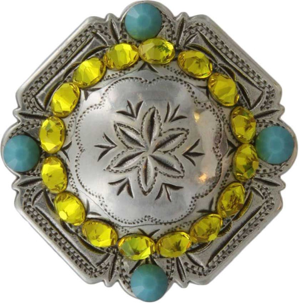 Citrine & Turquoise Antique Silver Engraved Windrose Rounded Square Rhinestone Concho