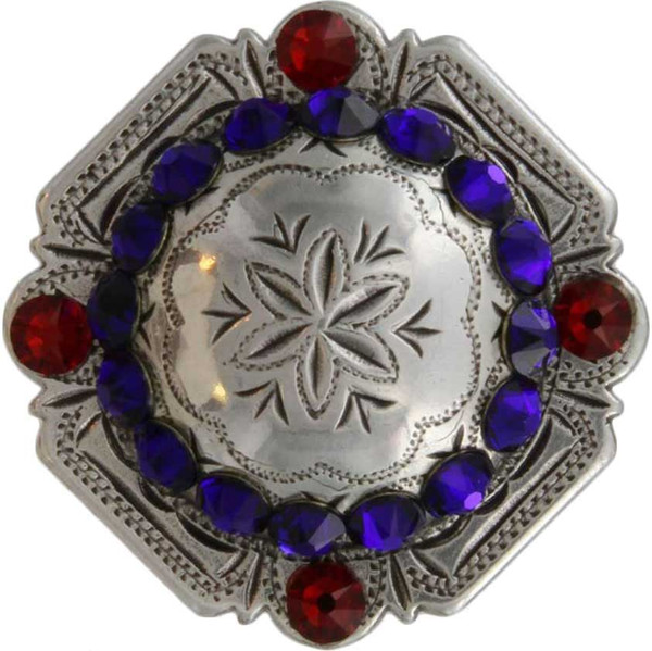 Cobalt & Lt Siam Antique Silver Engraved Windrose Rounded Square Rhinestone Concho