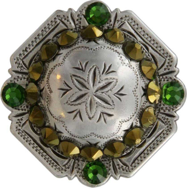 Crystal Dorado & Fern Green Antique Silver Engraved Windrose Rounded Square Rhinestones Concho