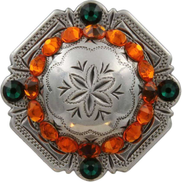 Sun & Emerald Antique Silver Engraved Windrose Rounded Square Rhinestone Concho