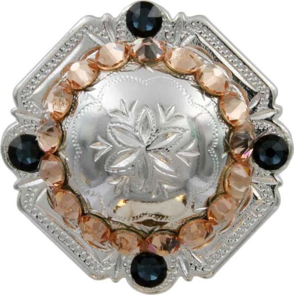 Lt Peach & Montana Bright Silver Engraved Windrose Rounded Square Rhinestone Concho