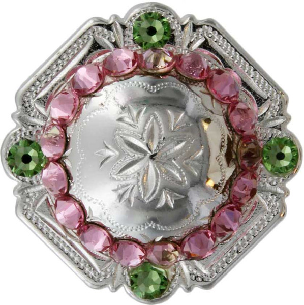 LT-ROSE-PERIDOT Bright Silver Engraved Windrose Rounded Square Rhinestone Concho
