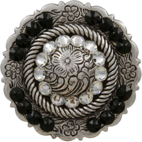 Crystal & Jet Antique Silver Center Rope Rhinestone Concho