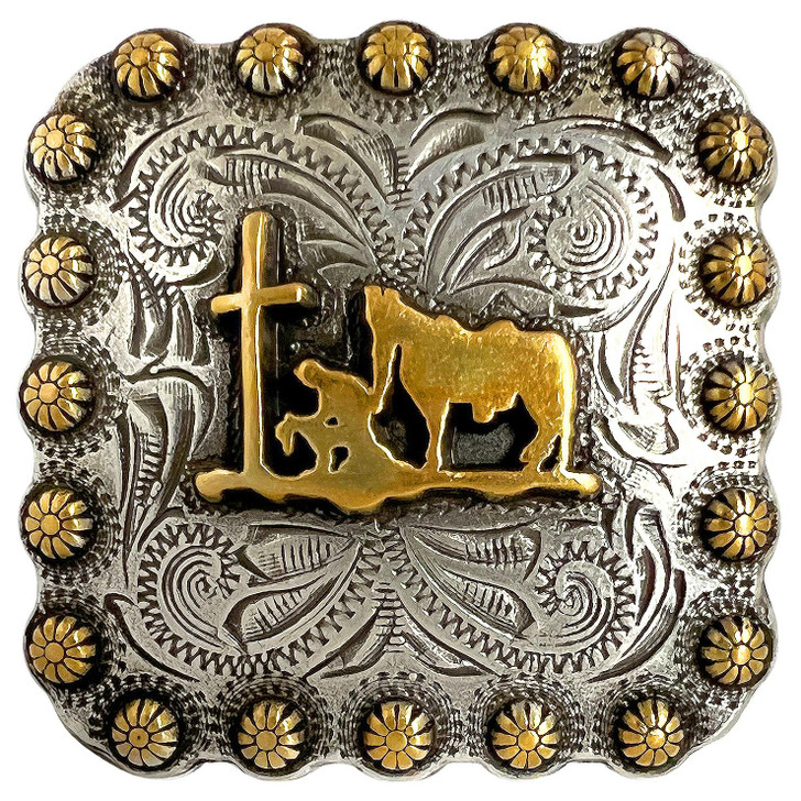 BS9295-2 SRTPGP 1-3/8" Antique Gold Western Floral Praying Cowboy Engraved Square Concho Screwback