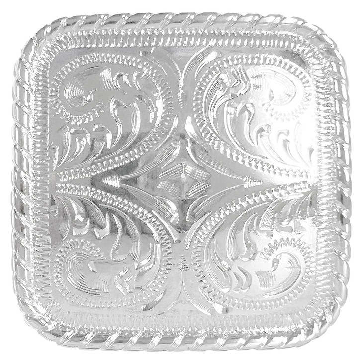 BS9312-3 SP 1-3/8" Bright Silver Western Floral Engraved Rope Edge Square Concho Screwback