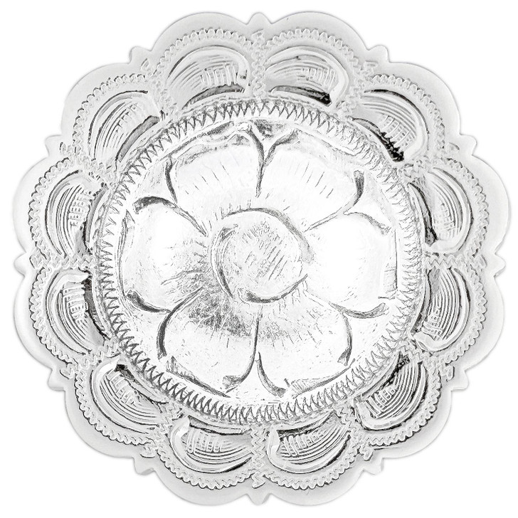 BS9305 SP 3/4" Bright Silver Flower Scalloped Edge Engraved Concho Screw back