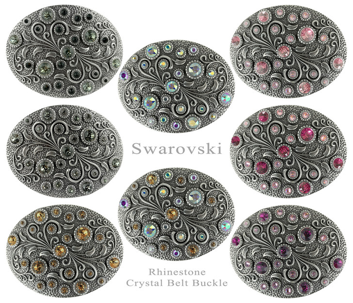 HA0860 Rhinestone Crystal Belt Buckle Brass Oval Floral Engraved Buckle - Brass_Crystal