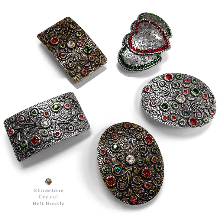 Rhinestone Crystal Oval Belt Buckle Antique Silver Floral Engraved Buckle (Crystal-LtSiam-FernGreen-Emerald-Tangerine)