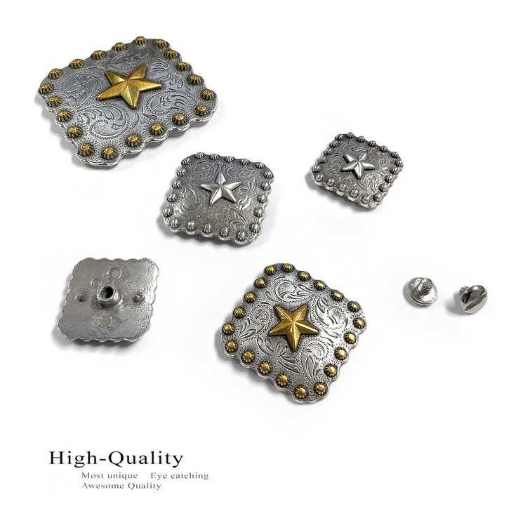 BS9287 SRTP Antique Silver Western Engraved Star Berry Square Concho Screwback