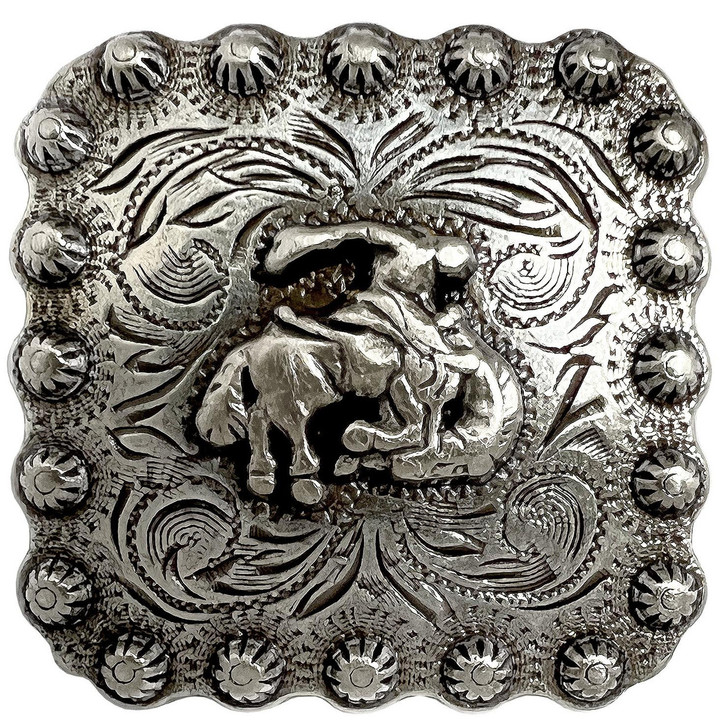 BS9286 SRTP Antique Western Bucking Bronco Rider Engraved Berry Square Concho Screwback
