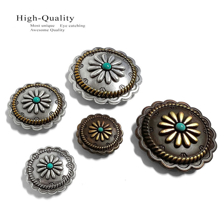 FA6343 LASRP-TQ Antique with Turquoise Color Western Rope Edge Scalloped Engraved Round Concho Screw-Back