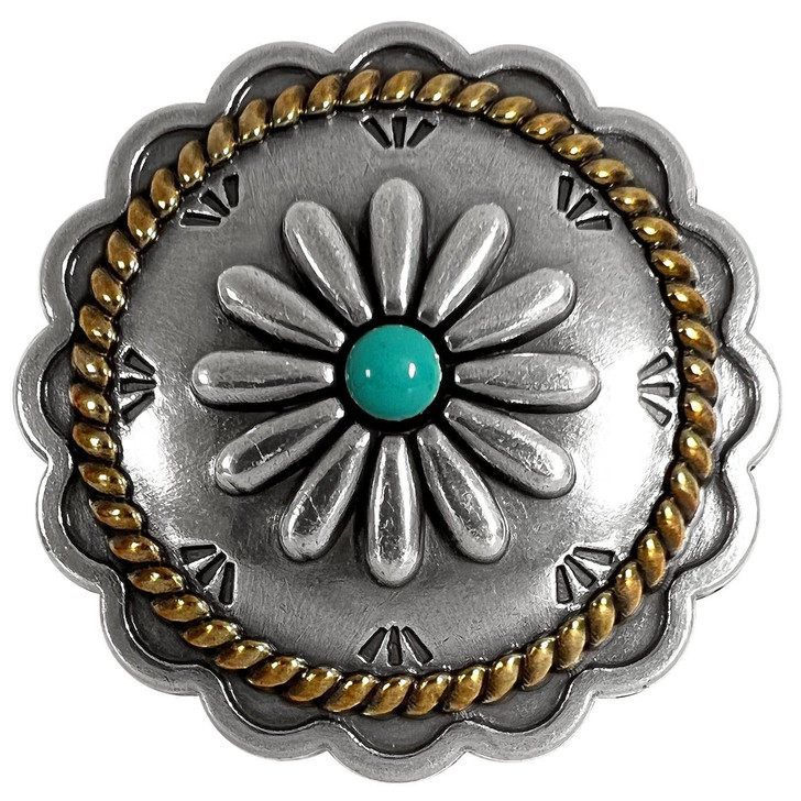 FA6343 ASAG-TQ Antique Gold with Turquoise Color Western Rope Edge Scalloped Engraved  Round Concho Screw-Back