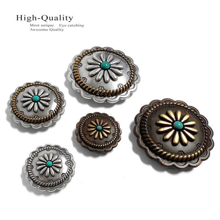FA6343 MOEB61-TQ Copper with Turquoise Color Western Rope Edge Scalloped Engraved  Round Concho Screw-Back