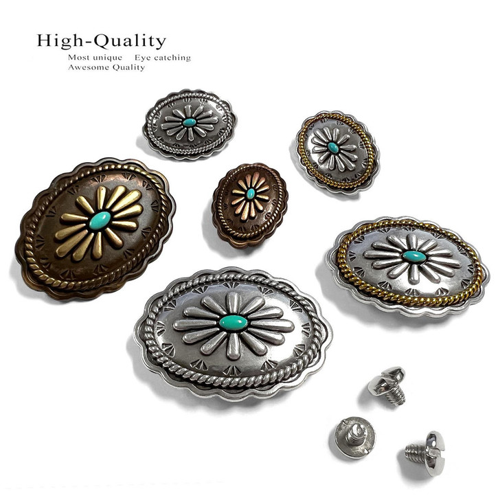 FA6342 LASRP-TQ Antique with Turquoise Color Western Rope Edge Scalloped Engraved Oval Concho Screw-back