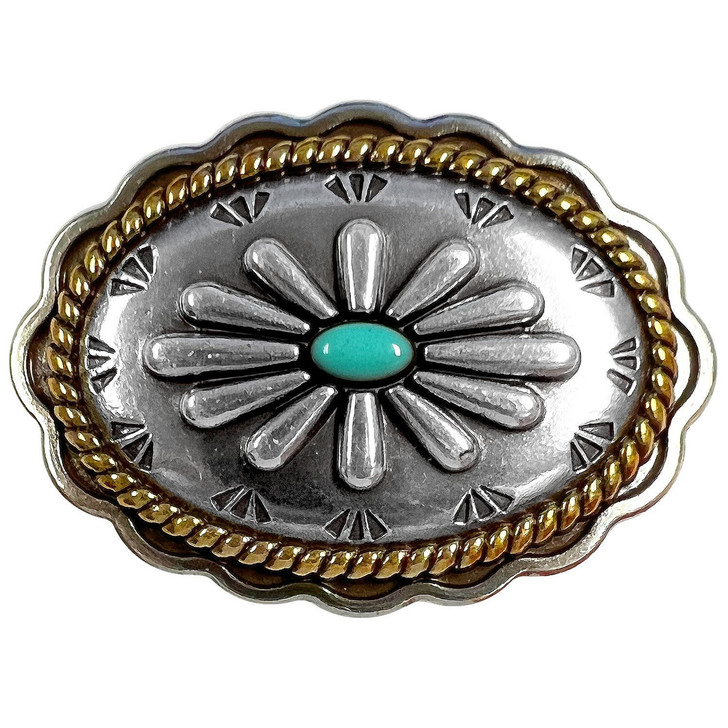 FA6342 ASAG-TQ Antique Gold with Turquoise Color Western Rope Edge Scalloped Engraved Oval Concho Screw-back