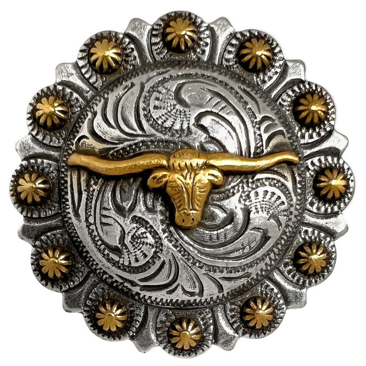 BS9265 SRTPGP Antique Gold Western Floral Longhorn Steer Engraved Berry Concho Screwback