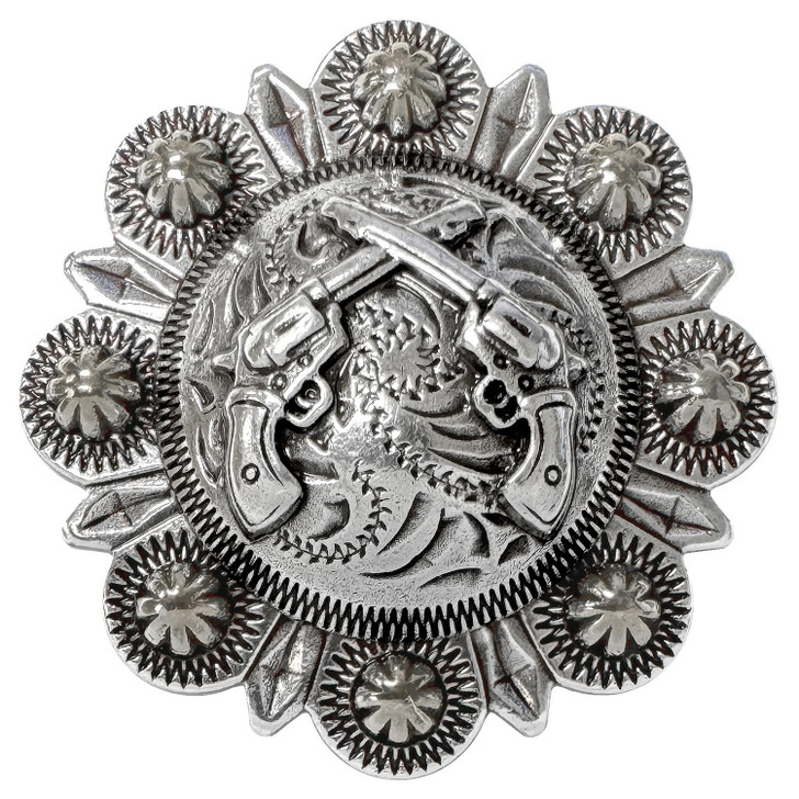 FA6547 LASRP Antique Silver Western Engraved Crossed Pistols Berry Concho Screwback