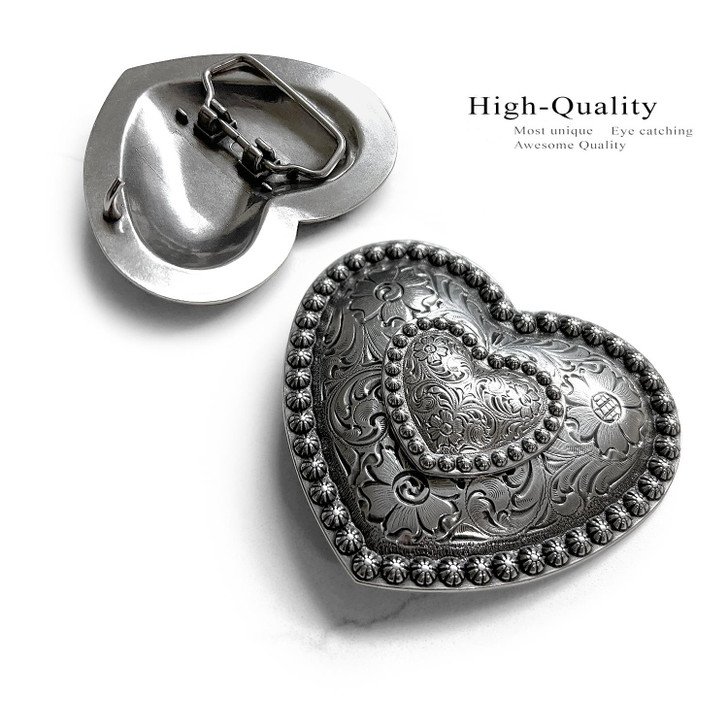 Western Antique Double Heart Berry Floral Engraved Belt Buckle