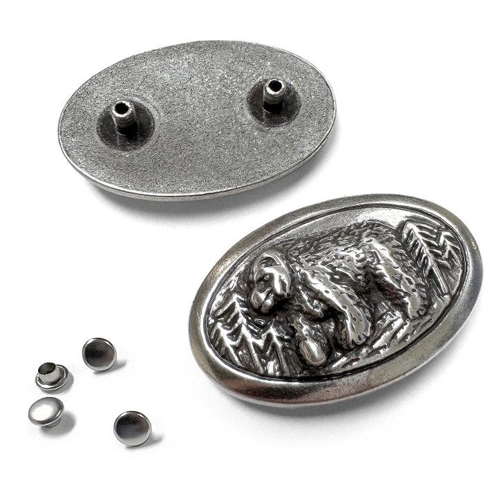 BM2209 LASRP Antique Silver Engraved Wild Bruin Bear Oval Concho Rivet Back (DR)