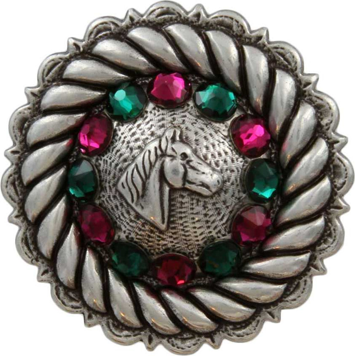 Fuchsia & Emerald Antique Silver Horse Head Rhinestone Concho