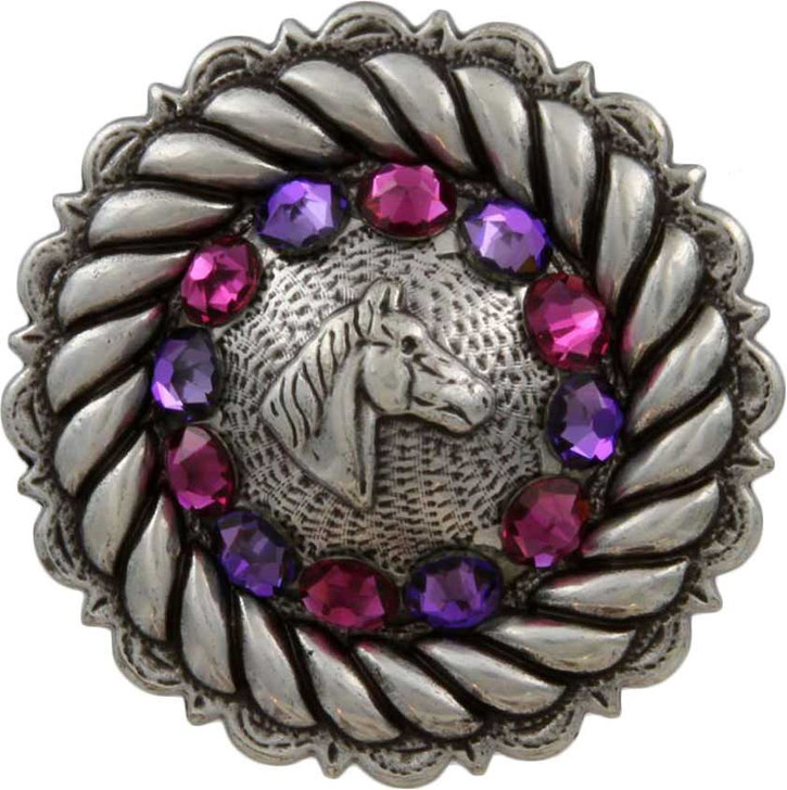 Fuchsia & Heliotrope Antique Silver Horse Head Rhinestone Concho