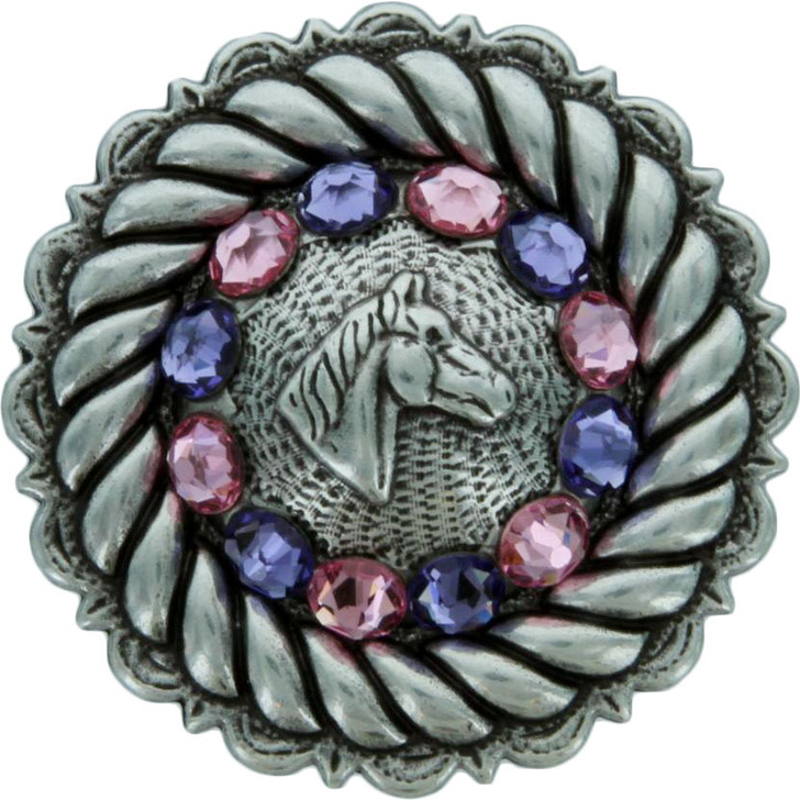 Tanzanite & Lt Rose  Antique Silver Horse Head Rhinestone Concho