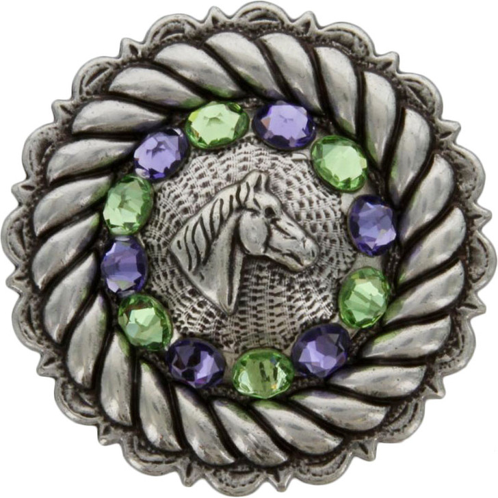 Tanzanite & Peridot Antique Silver Horse Head Rhinestone Concho