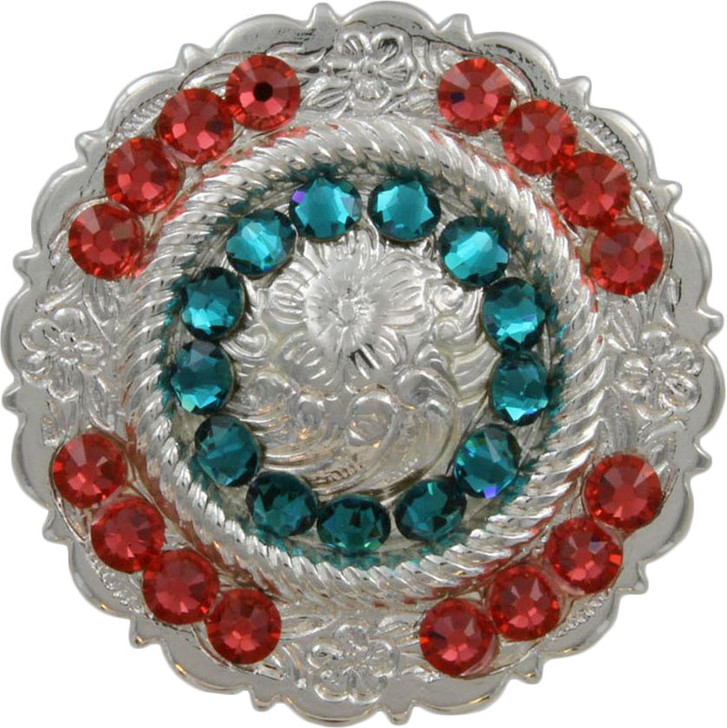 Blue Zircon & Padparadscha Polished Silver Center Rope Rhinestone Concho
