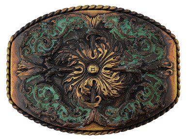 Western Antique Copper Patina Floral Engraved Ornate Belt Buckle display picture 3