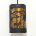 WL409 Ouray rustic pendant with D4 Deer design in flat black finish with Amber mica liner -  12 inch tall Size   Please call to order