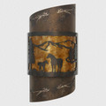 WL331 rustic wall sconce with H2 Horse design in Statuary Bronze top and bottom tier and Dark Bronze middle tier - Amber Mica center tier and silver Mica top and bottom tier Liners- Right corner up - 18 inches tall