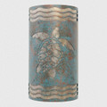 WL714 coastal style light fixture with NA24 Turtle Design in Patina Copper with Silver Mica liner in 15 inch tall size