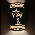 WL714 tropical and Coastal style light fixture with NA53 Palm Tree Design- night view- 15 inch tall size