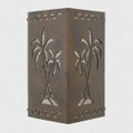 WL702 Tropical and Coastal triangular wall sconce with NA53 Palm tree design in Statuary Bronze with silver mica liner and waves trim - 11 inch tall