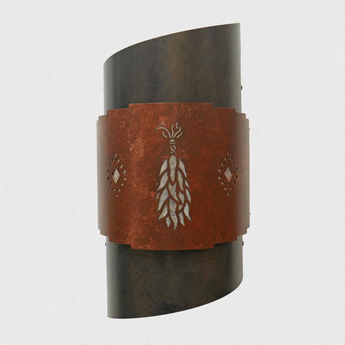 WL180 Cebola Southwestern Two Tier Twist Wall Sconce with Chili Ristra design in Dark Bronze back tier and Mottled Copper front tier with Silver Mica liner -18 inch Tall