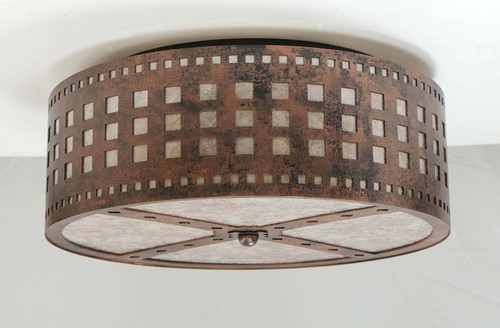CL38 Southwestern ceiling light with Squares design in antique copper finish and silver mica liner with SW Diamonds bottom.