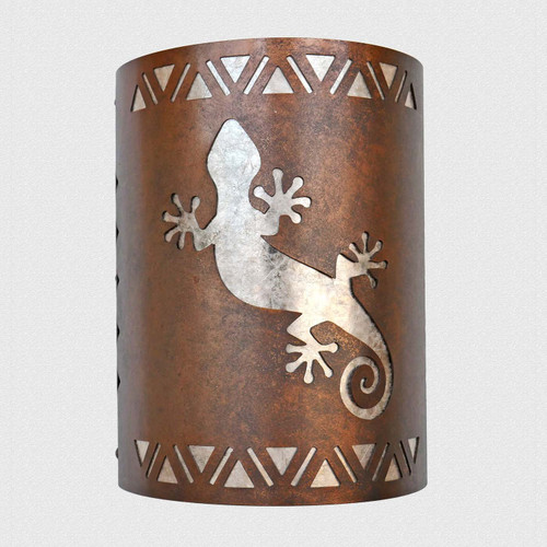 Gecko southwestern wall sconce in antique copper with silver mica liner