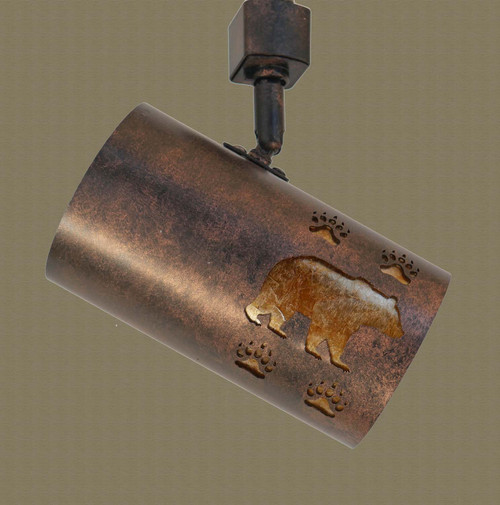 TH13 Rustic Track Light with Bears and Prints Design in Antique Copper finish with Amber Mica liner- without power cord showing