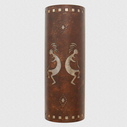 WL100A Sandia Southwestern Lighting  Wall sconce with 101 Kokopelli design in Mottled Copper finish with silver Mica liner - 18 inch tall size