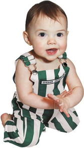 Infant wearing green and white striped cotton overalls, smiling at a tailgate gathering. Infant wearing green and white striped cotton overalls, smiling at a tailgate gathering.