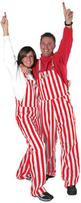 A man and woman with striped red & white game bib overalls